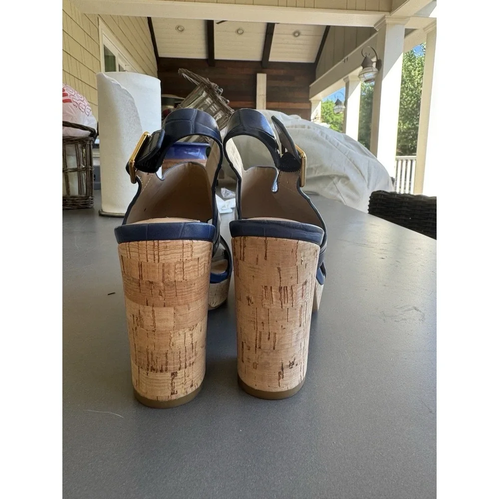 Lauren Ralph Lauren Feona blue Embossed Platform Sandals Buff Size 6